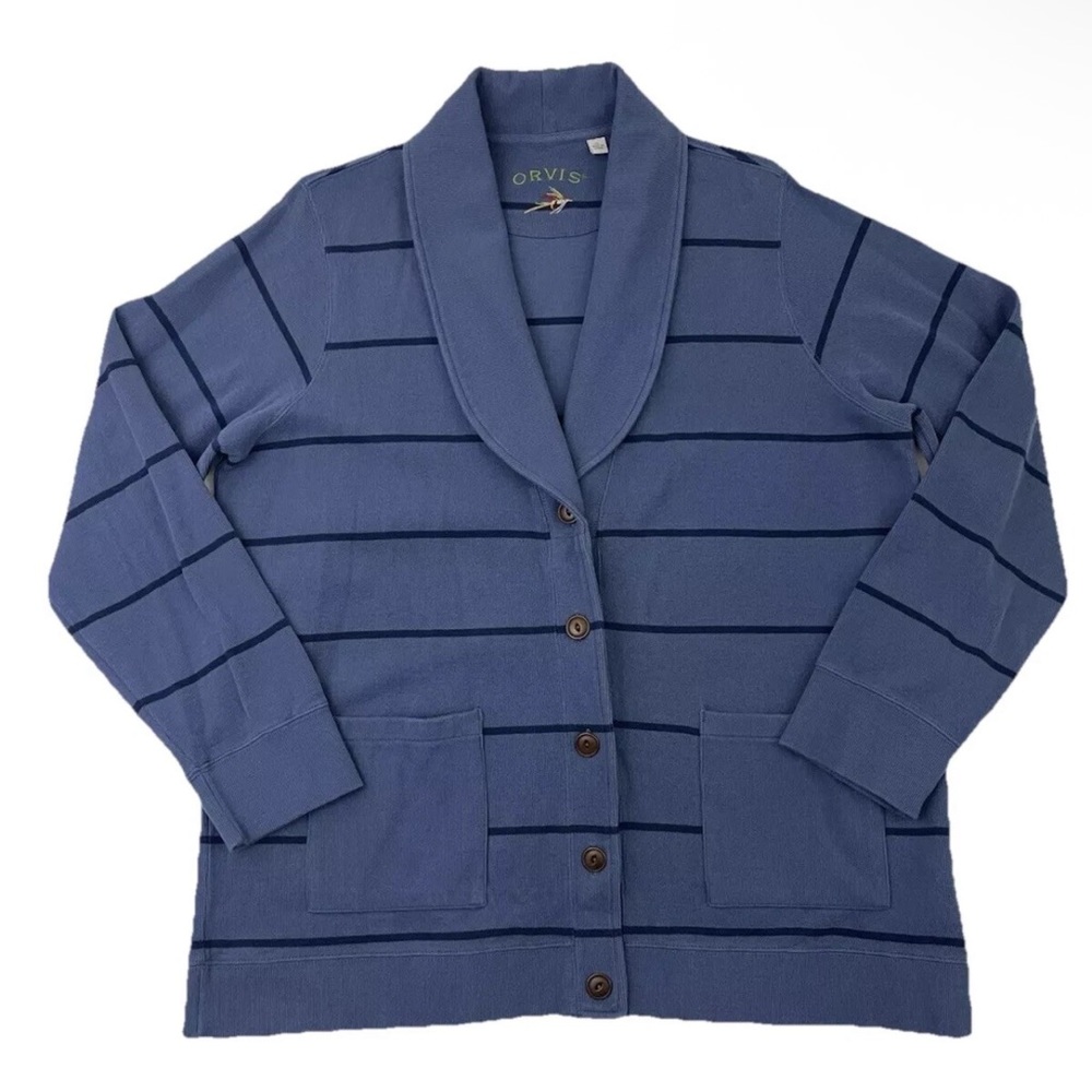 Orvis Sweater Women XL Cardigan Shawl Blue Striped College Preppy Cotton Teacher